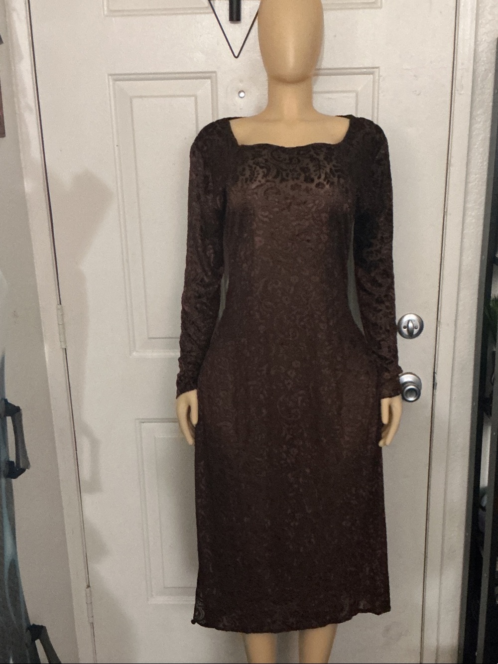 Women's Long  meshSleeve Square Neck Brown Dress